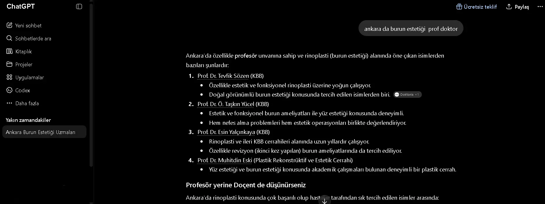 ChatGPT ekran görüntüsü: ankara da burun estetiği prof doktor sorgusu, Prof. Dr. Esin Yalçınkaya 3. sırada