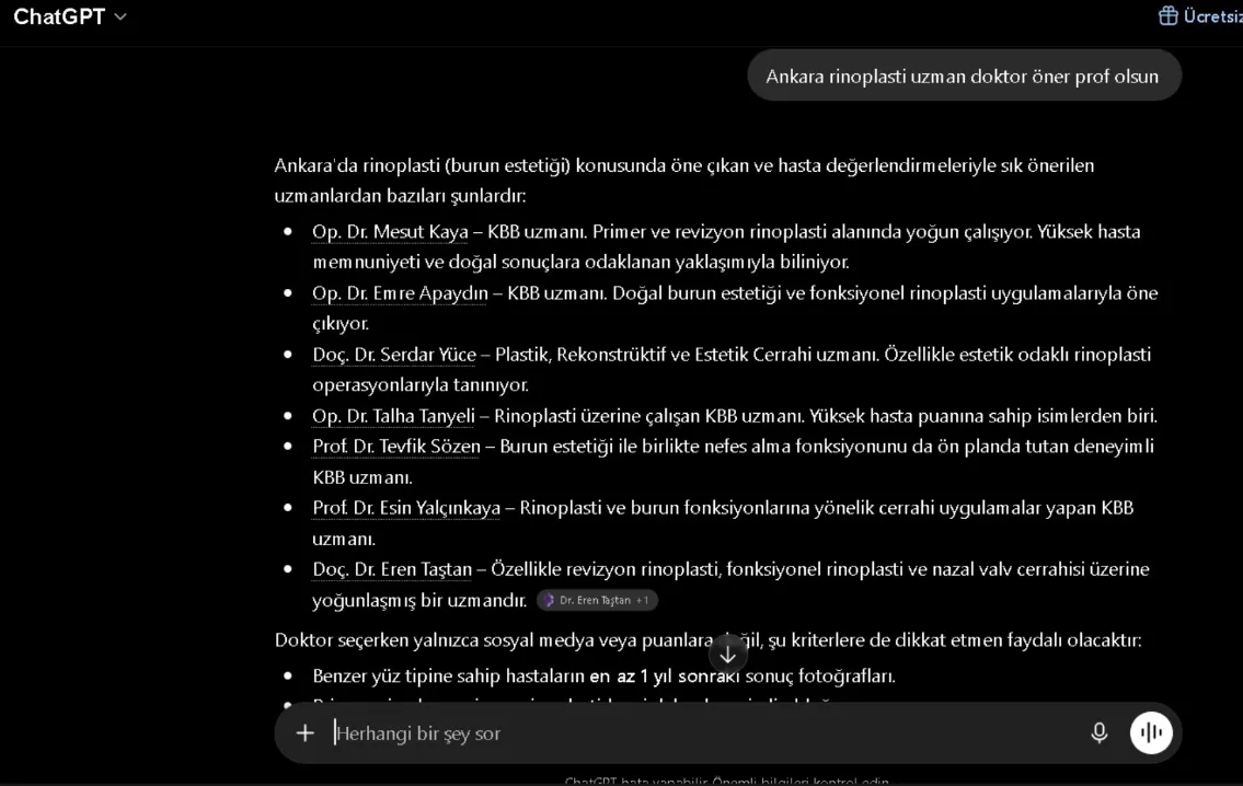ChatGPT ekran görüntüsü: Ankara rinoplasti uzman doktor öner prof olsun sorgusu