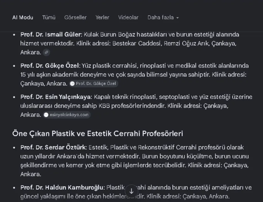Google AI Modu ekran görüntüsü: esinyalcinkaya.com kaynak etiketiyle Prof. Dr. Esin Yalçınkaya