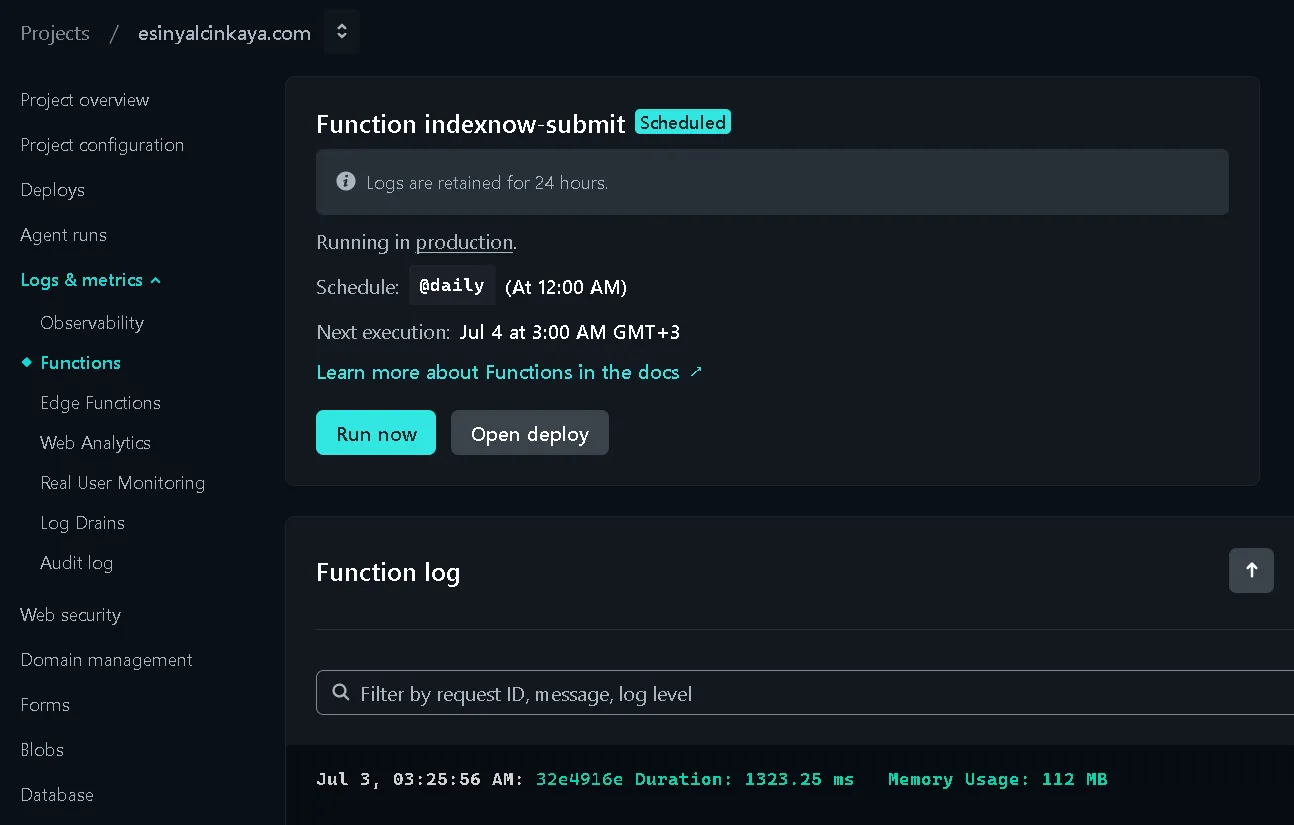 Netlify fonksiyon logu: indexnow-submit esinyalcinkaya.com'da başarıyla çalıştı, Duration 1323.25 ms, Memory Usage 112 MB
