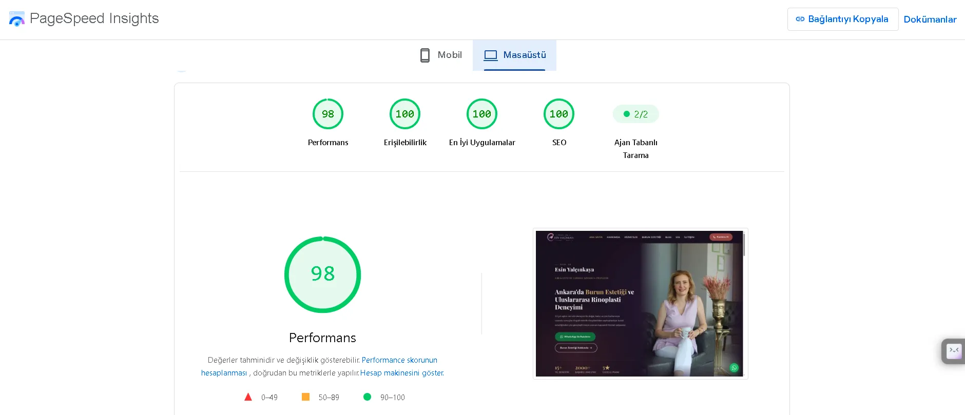 Google PageSpeed Insights sonucu: esinyalcinkaya.com masaüstü skorları, Performans 98, Erişilebilirlik 100, En İyi Uygulamalar 100, SEO 100