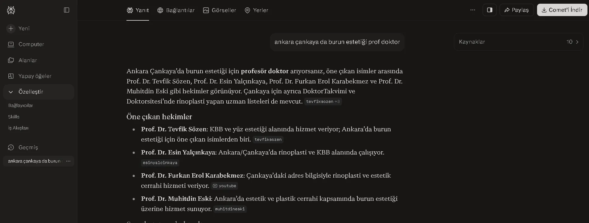 Perplexity ekran görüntüsü: ankara çankaya da burun estetiği prof doktor sorgusu, esinyalcinkaya kaynak etiketi